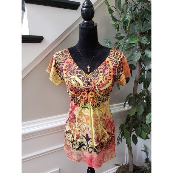 OneWorld Blouse Women's PL Multicolor Boho Chiffon Abstract Print V Neck Top - Picture 2 of 12